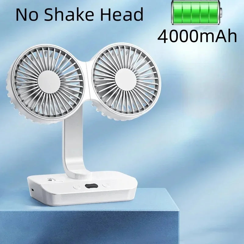 New Double Head Desktop Fan, 4-Gears Wind Fast Cooling Digital Display 8000mAh , Adjustable Direction Shaking Head Fan