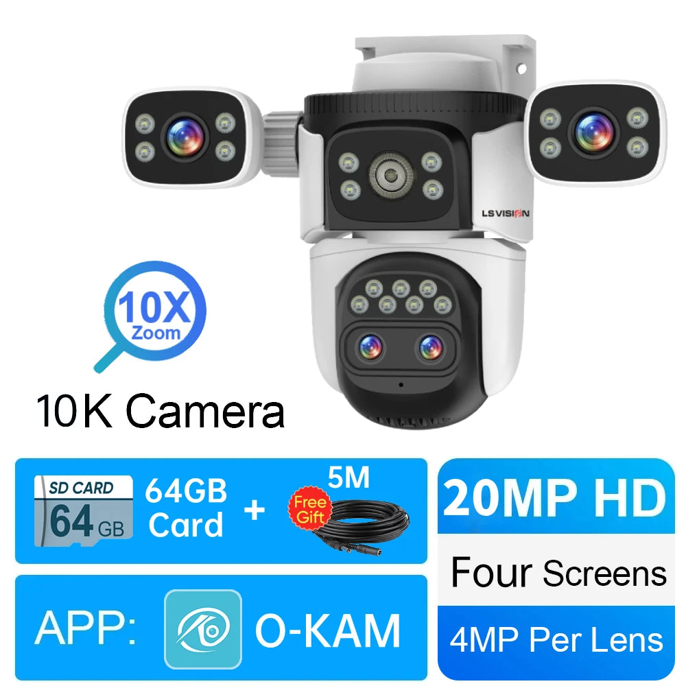 LS VISION 20MP Outdoor WiFi6 Camera 10X Zoom Three Screen Home Surveillance Cam 720° PTZ Auto Tracking IP66 Security Camera CCTV