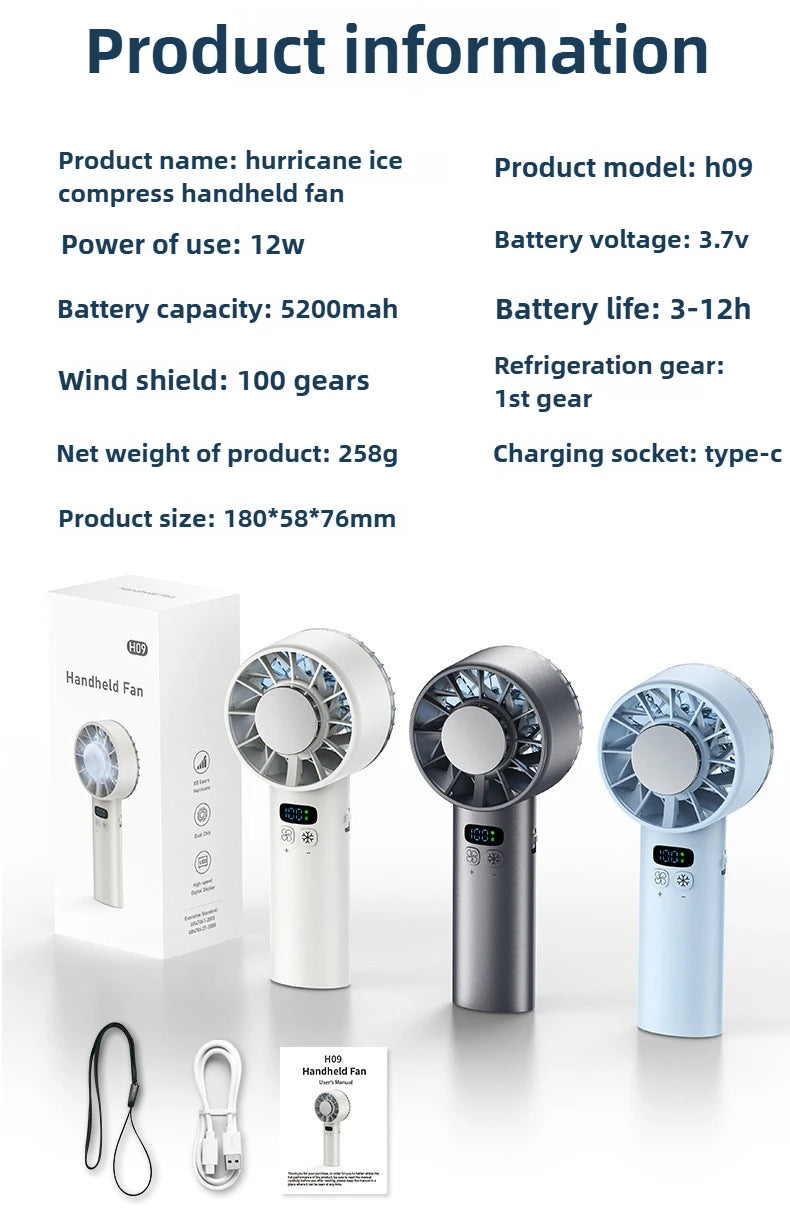 Ice Compress High-speed Cooling Fan Handheld USB Rechargeable Portable Mini Fan LED Digital Display