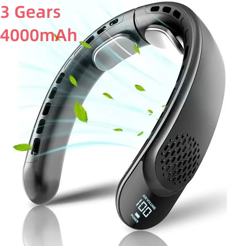 New Quad-Core USB Neck Fan, Easy Control 4000mAh, Digital display , Portable Fan