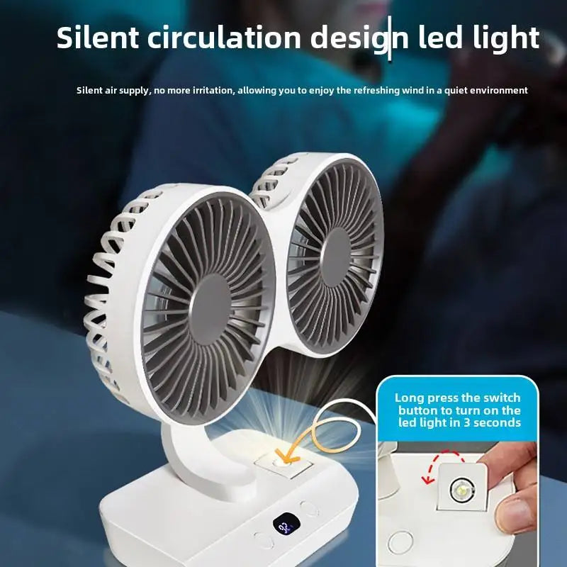 New Double Head Desktop Fan, 4-Gears Wind Fast Cooling Digital Display 8000mAh , Adjustable Direction Shaking Head Fan