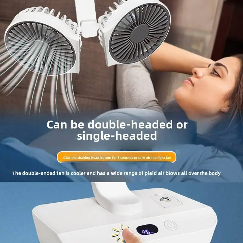 New Double Head Desktop Fan, 4-Gears Wind Fast Cooling Digital Display 8000mAh , Adjustable Direction Shaking Head Fan