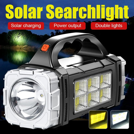 Powerful LED Flashlight USB+Solar Rechargeable Flashlight COB Outdoor Camping Torch Portable Searchlight Power Bank Outdoor