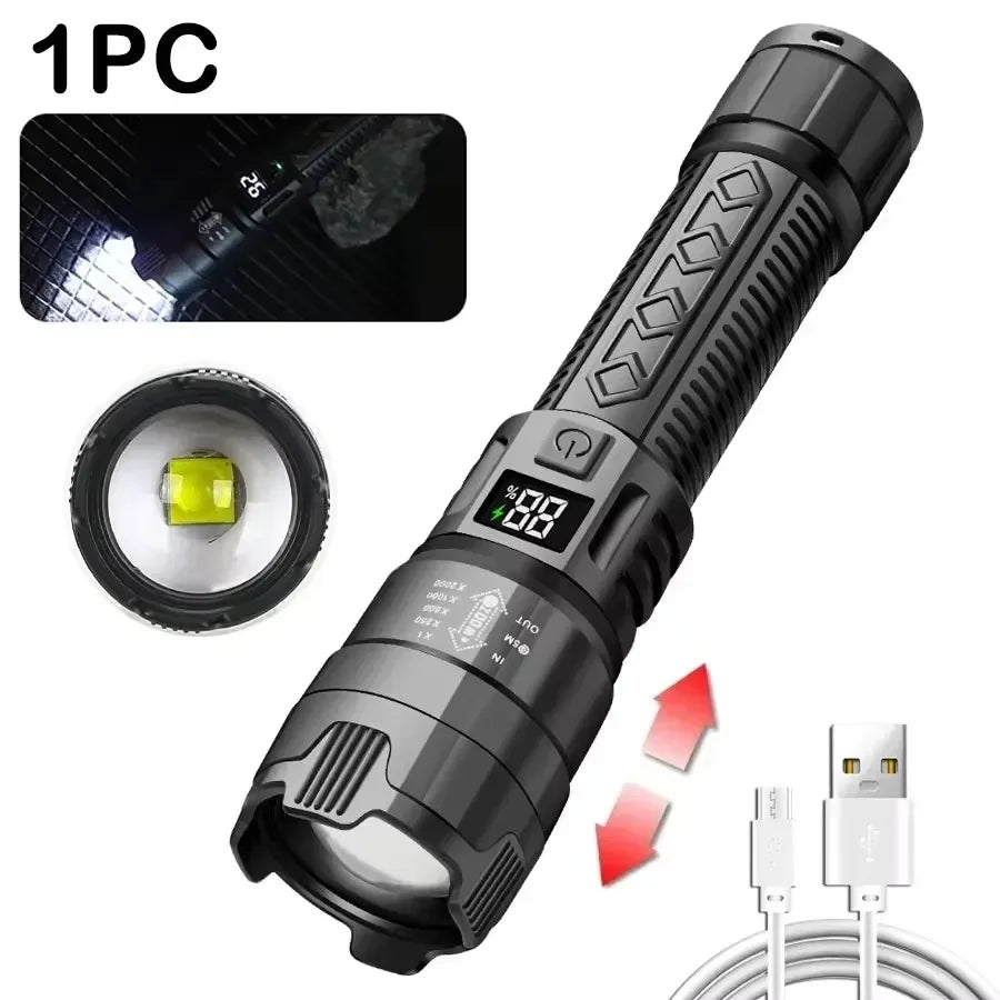 Super Bright Flashlight Built-in Battery, USB C Rechargeable LED Flashlights, 500000LM High Power Torch, Lamp for Camping Lantern