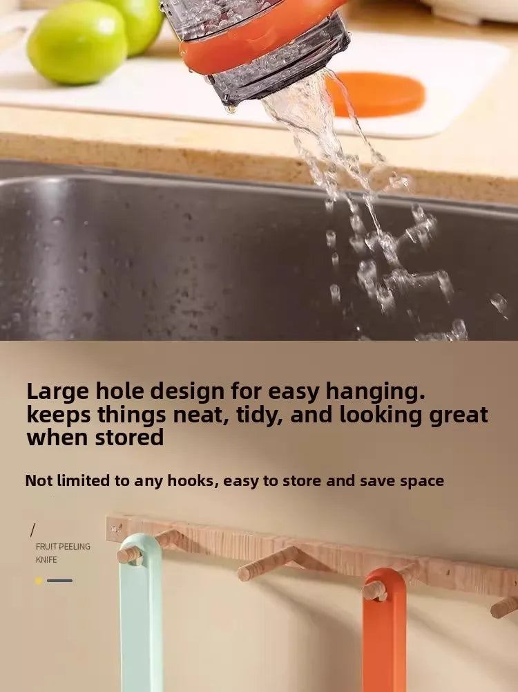 Durable stainless steel peeler for fruits and vegetables, featuring a double-sided blade and a protective storage case for safe, easy use