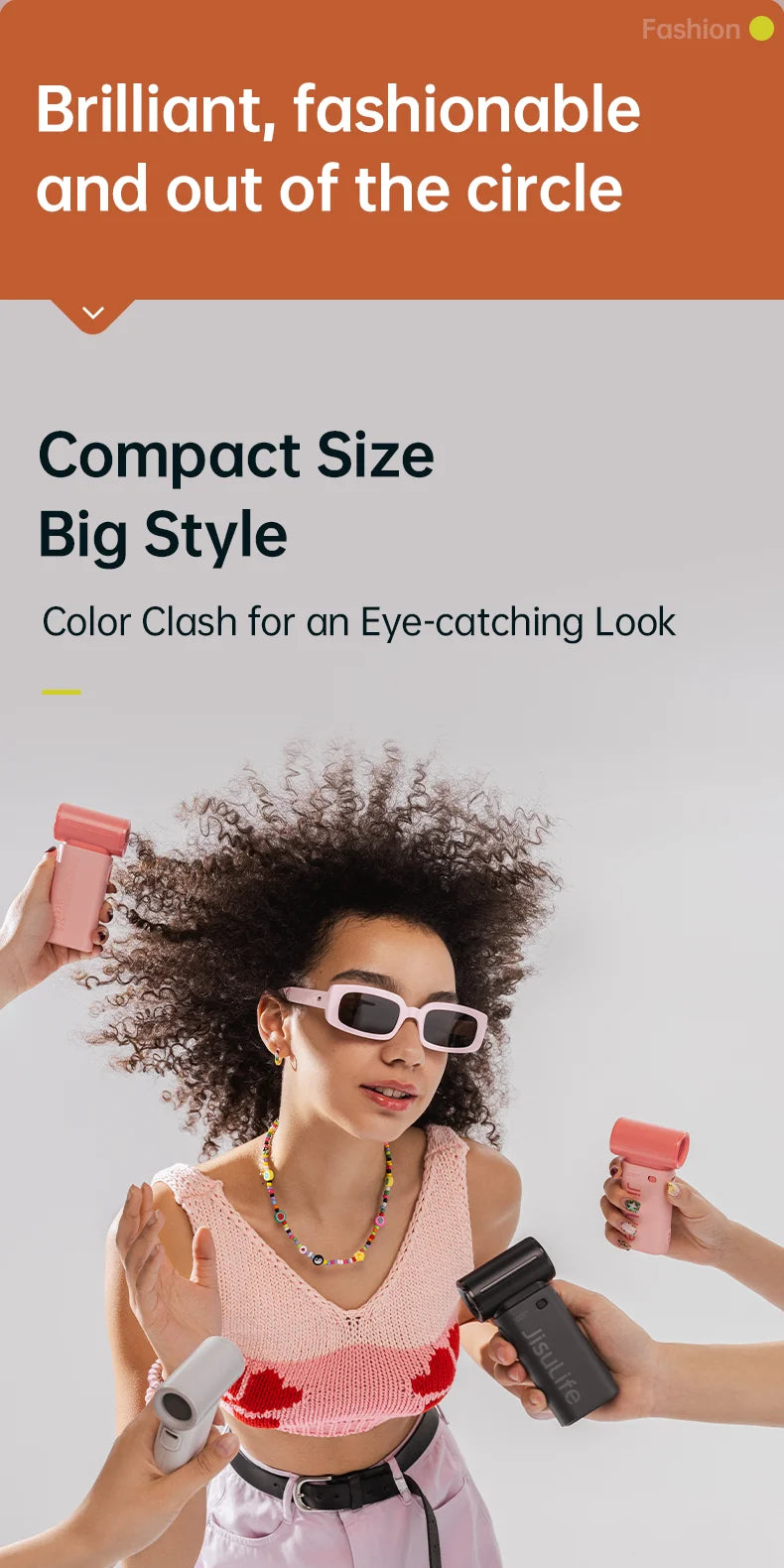 JISULIFE Handheld Turbo Fan, 5000mAh, Super Strong Wind, 5 Speeds, Long Battery Life,  USB Rechargeable, Multipurpose Pocket fan