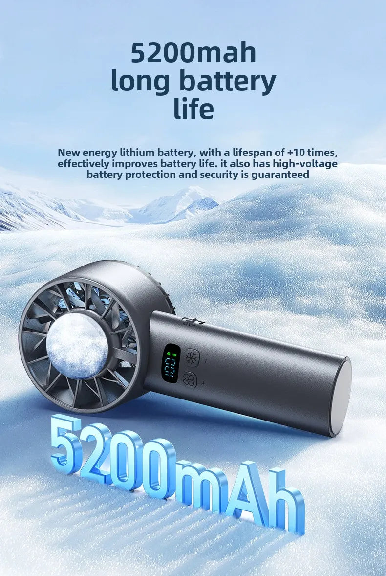 Ice Compress High-speed Cooling Fan Handheld USB Rechargeable Portable Mini Fan LED Digital Display