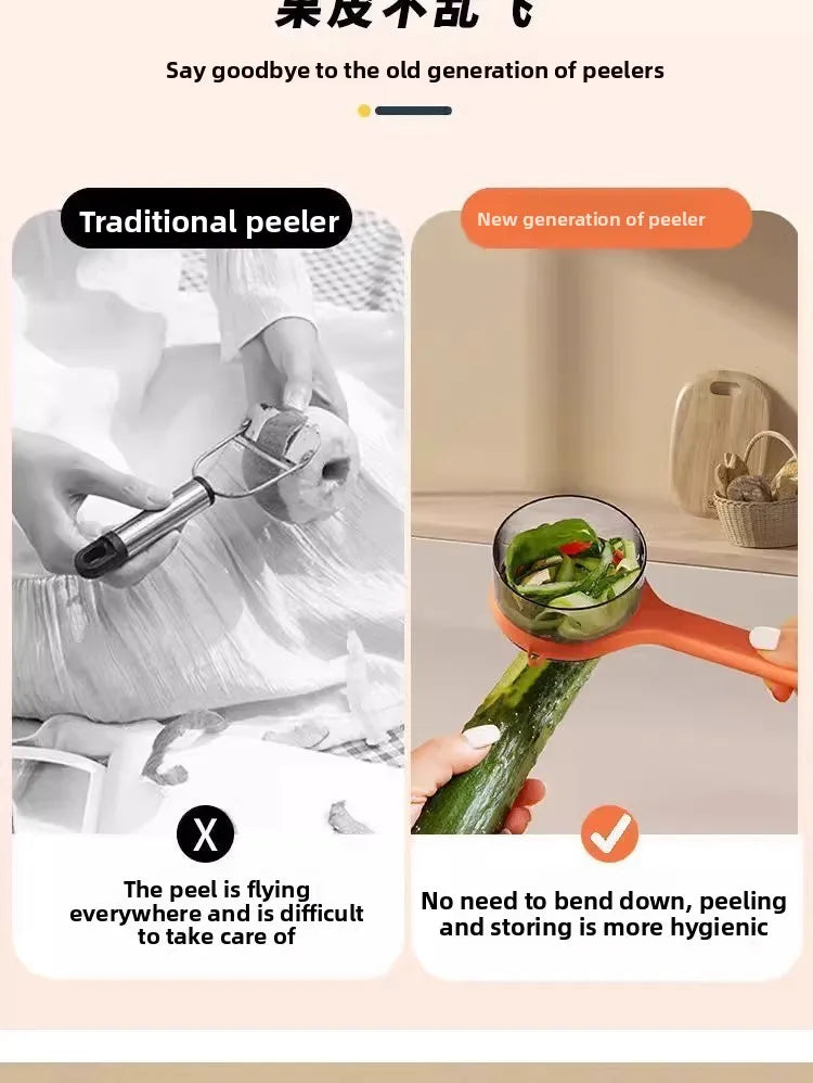 Durable stainless steel peeler for fruits and vegetables, featuring a double-sided blade and a protective storage case for safe, easy use