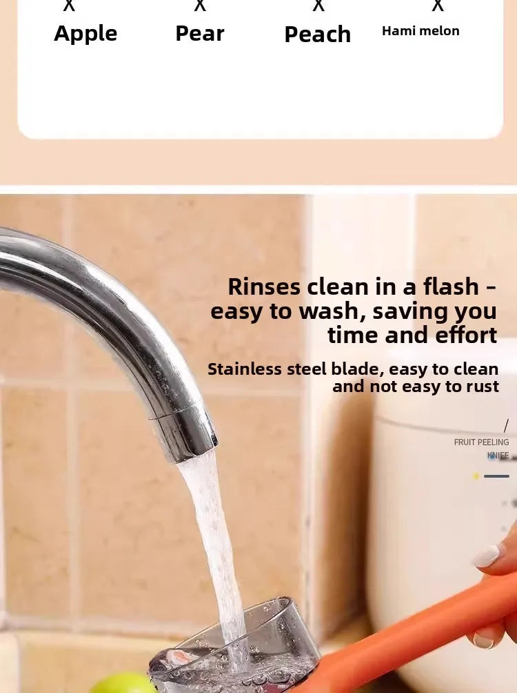 Durable stainless steel peeler for fruits and vegetables, featuring a double-sided blade and a protective storage case for safe, easy use