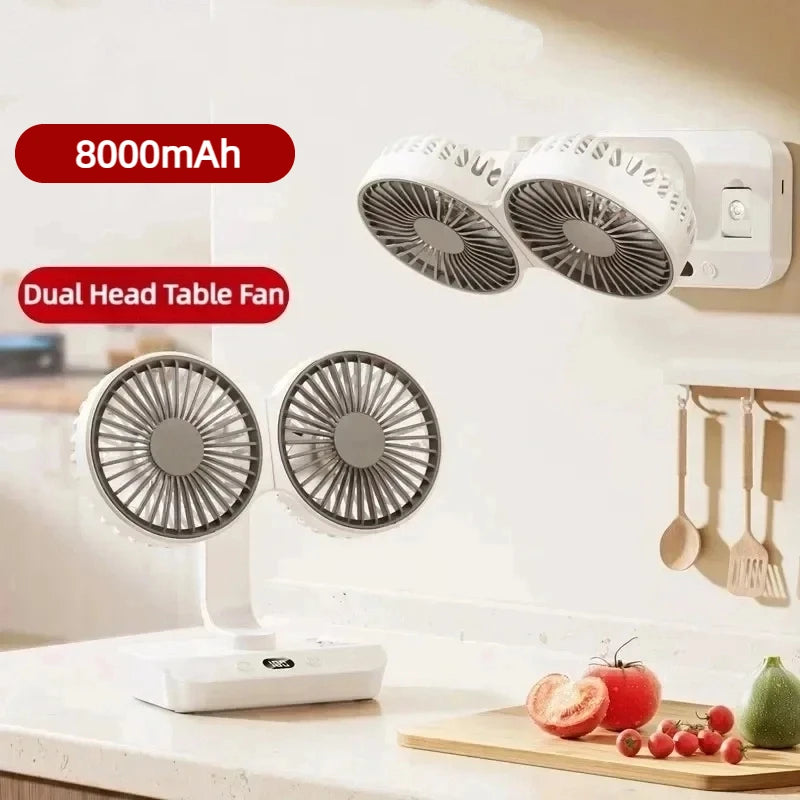 New Double Head Desktop Fan, 4-Gears Wind Fast Cooling Digital Display 8000mAh , Adjustable Direction Shaking Head Fan