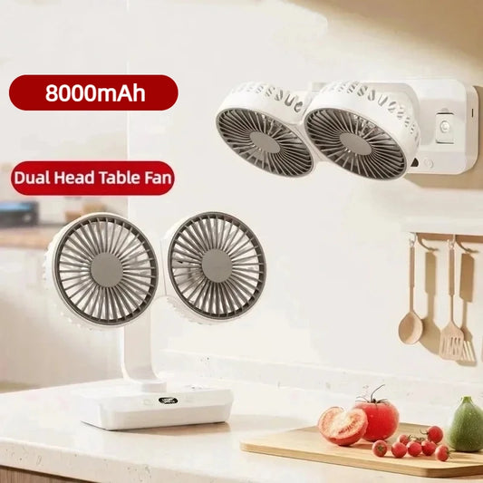 New Double Head Desktop Fan, 4-Gears Wind Fast Cooling Digital Display 8000mAh , Adjustable Direction Shaking Head Fan