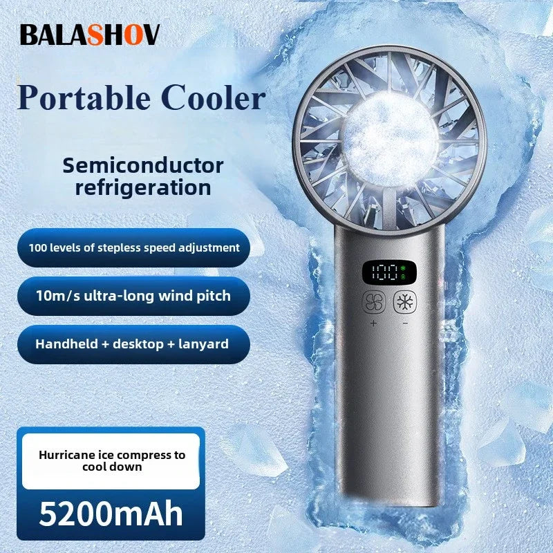 Ice compress high-speed cooling fan handheld fans USB Rechargeable portable mini fan LED Digital Display, Travel,Camping,Outdoor