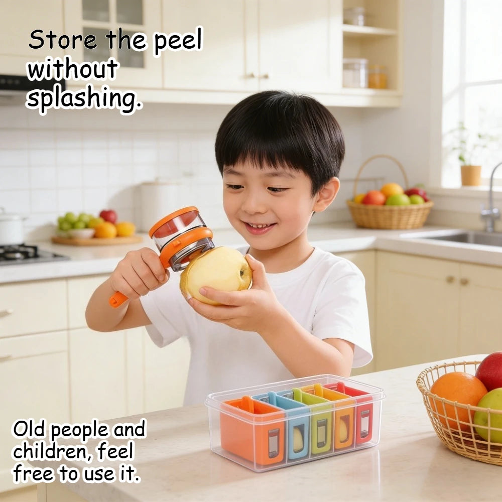 Durable stainless steel peeler for fruits and vegetables, featuring a double-sided blade and a protective storage case for safe, easy use