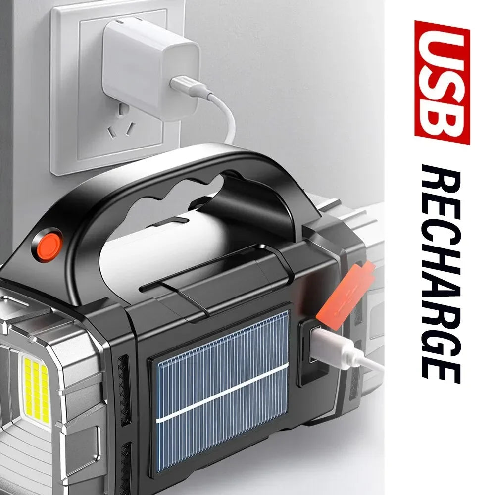 Powerful LED Flashlight USB+Solar Rechargeable Flashlight COB Outdoor Camping Torch Portable Searchlight Power Bank Outdoor