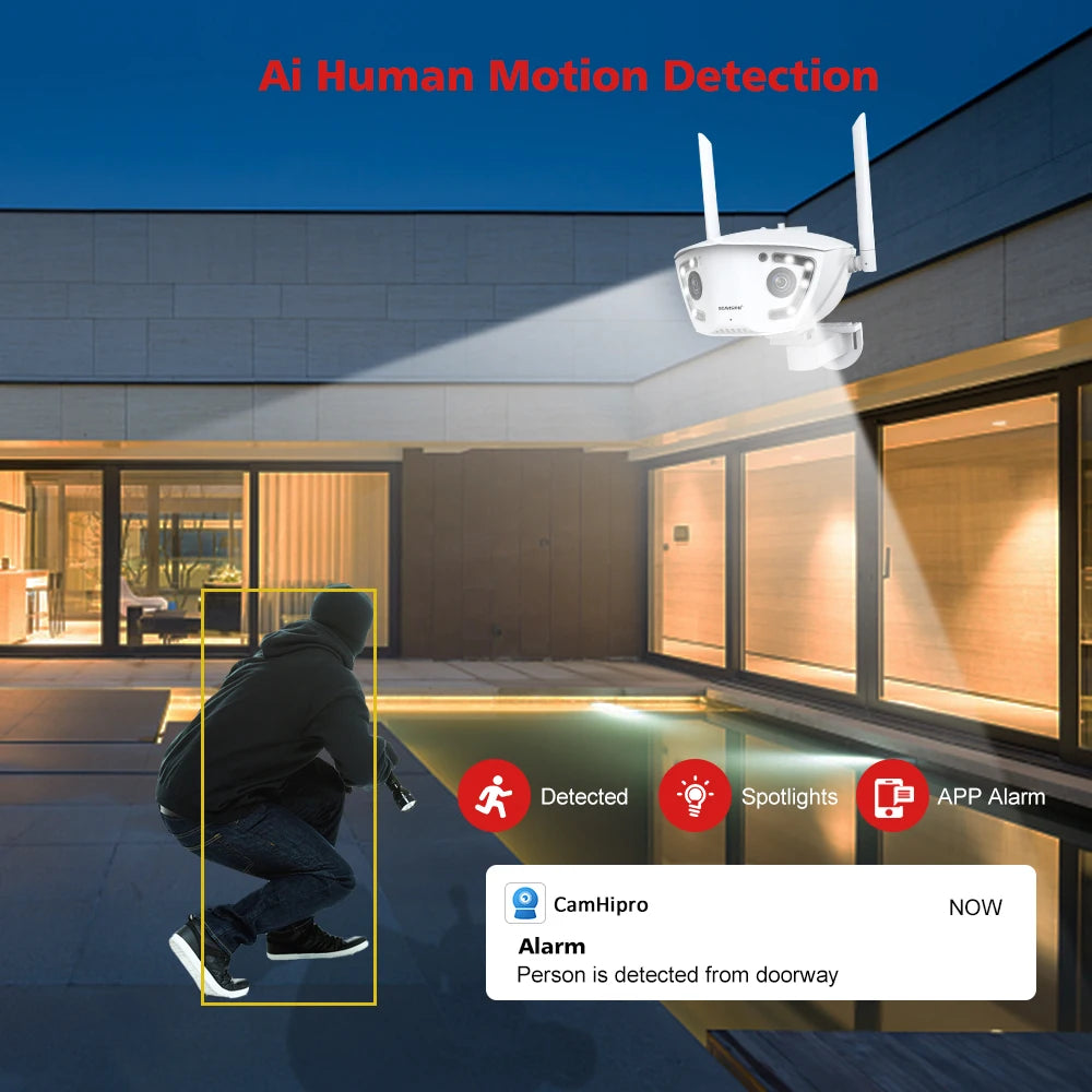 Wifi Surveillance Camera Outdoor 4MP POE Dual Lens 180° Ultra Wide Angle AI Human Detection Security Camera