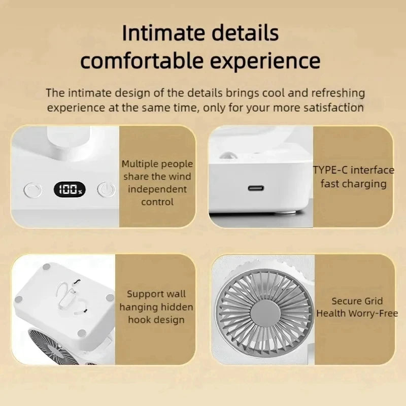 New Double Head Desktop Fan, 4-Gears Wind Fast Cooling Digital Display 8000mAh , Adjustable Direction Shaking Head Fan