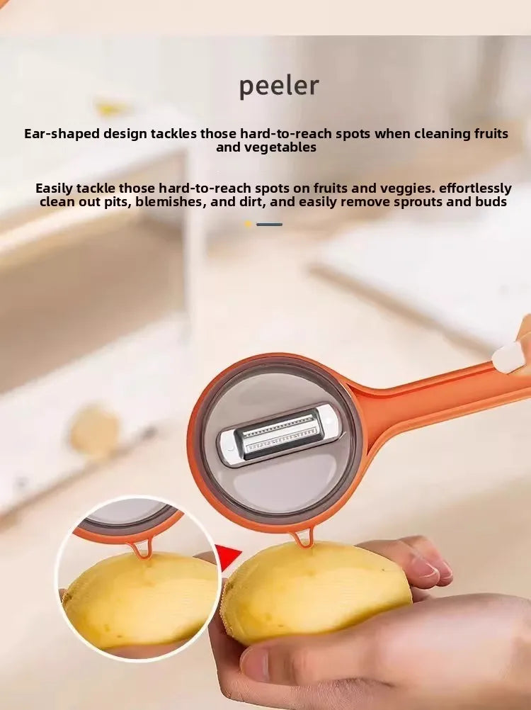 Durable stainless steel peeler for fruits and vegetables, featuring a double-sided blade and a protective storage case for safe, easy use