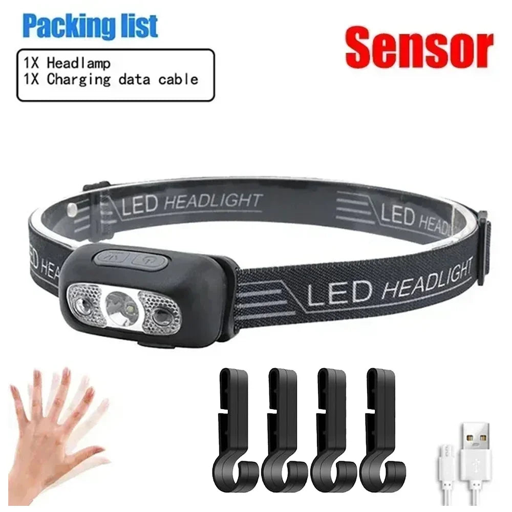 Strong Light Headlamp Portable LED Sensor Headlamp USB-C Rechargeable Head Flashlight Outdoor Camping Fishing Emergency Lantern