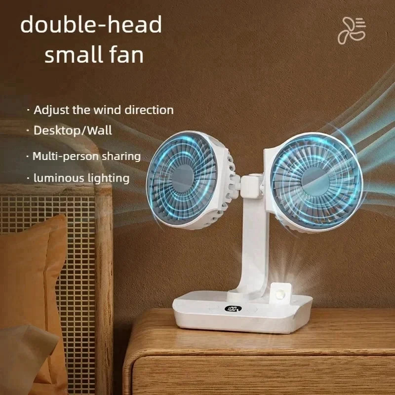 New Double Head Desktop Fan, 4-Gears Wind Fast Cooling Digital Display 8000mAh , Adjustable Direction Shaking Head Fan