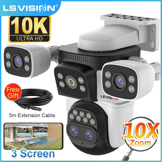 LS VISION 20MP Outdoor WiFi6 Camera 10X Zoom Three Screen Home Surveillance Cam 720° PTZ Auto Tracking IP66 Security Camera CCTV
