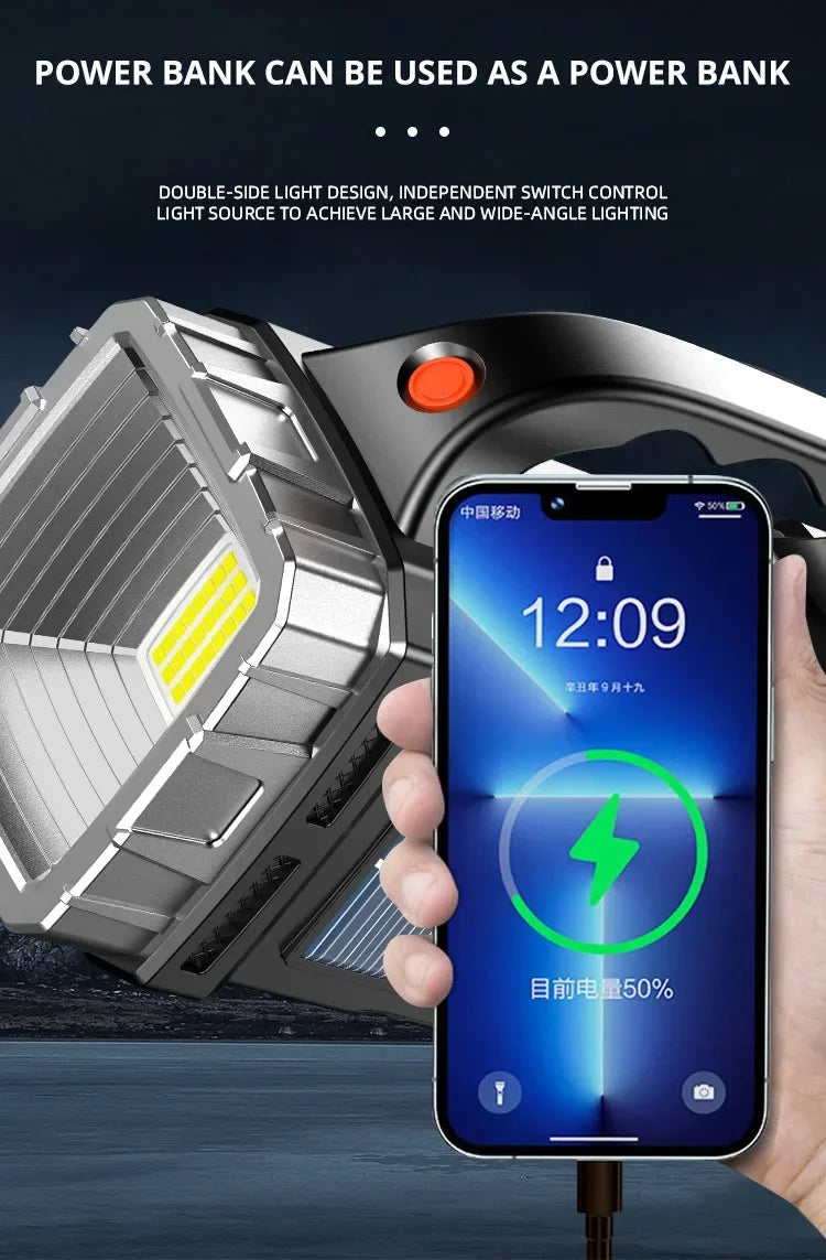 Powerful LED Flashlight USB+Solar Rechargeable Flashlight COB Outdoor Camping Torch Portable Searchlight Power Bank Outdoor