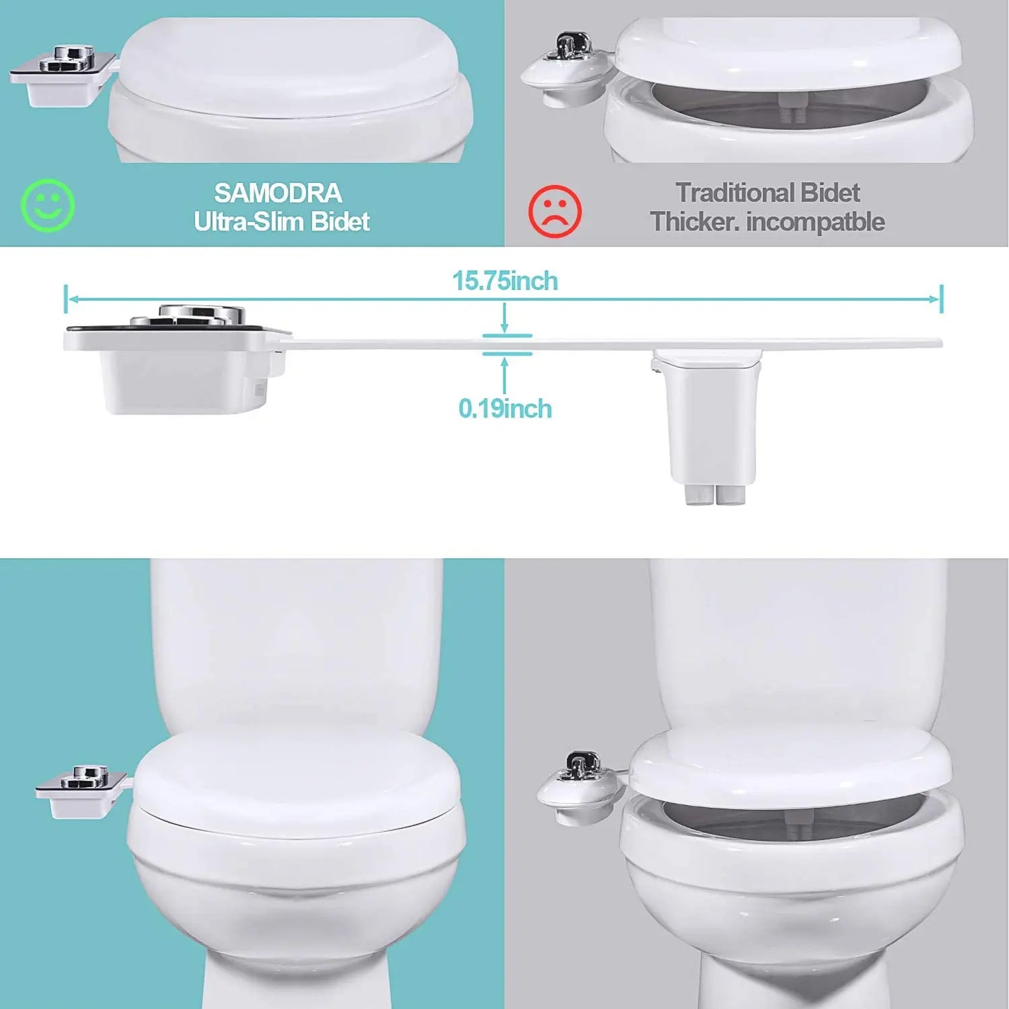 Ultra-Thin Bidet Toilet Attachment, Non-Electric Cold Water System with Dual Self-Cleaning Nozzles for Front and Rear Wash
