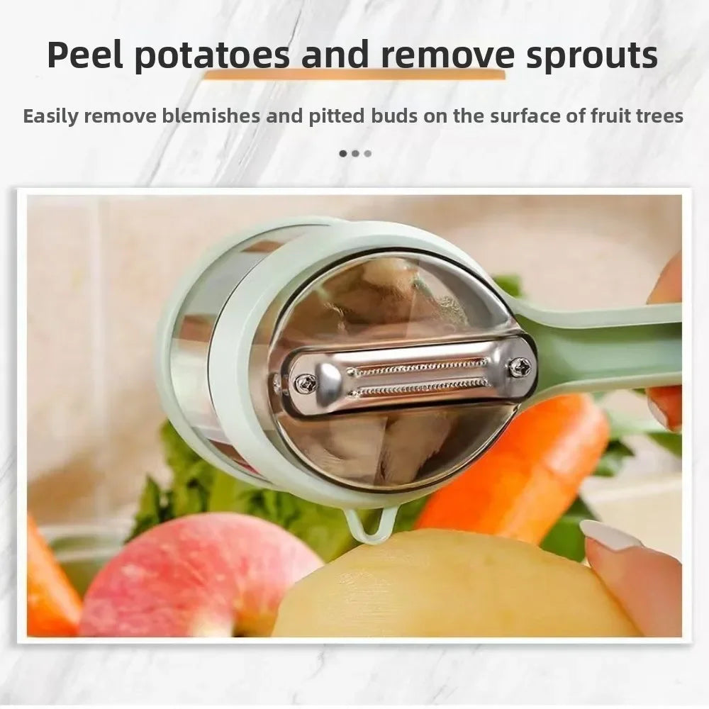Durable stainless steel peeler for fruits and vegetables, featuring a double-sided blade and a protective storage case for safe, easy use