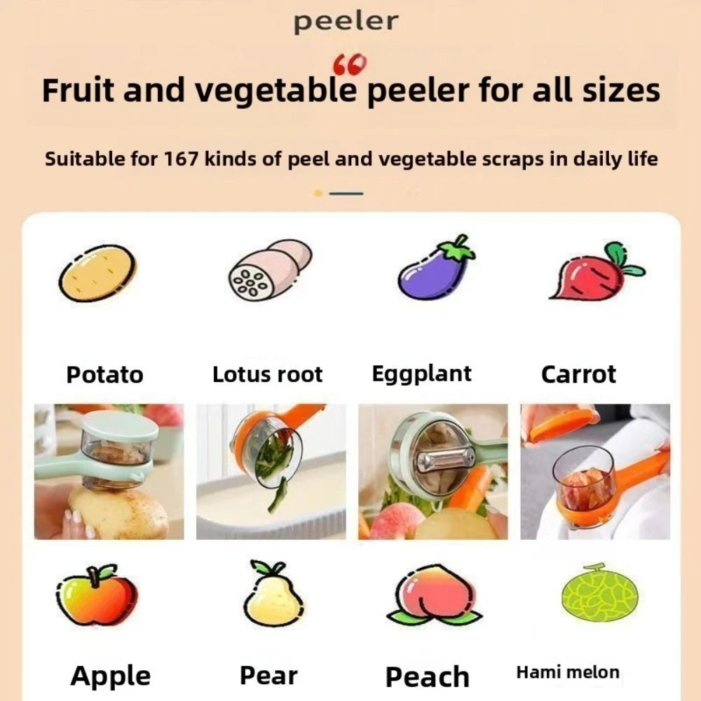 Durable stainless steel peeler for fruits and vegetables, featuring a double-sided blade and a protective storage case for safe, easy use