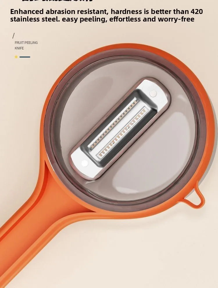 Durable stainless steel peeler for fruits and vegetables, featuring a double-sided blade and a protective storage case for safe, easy use