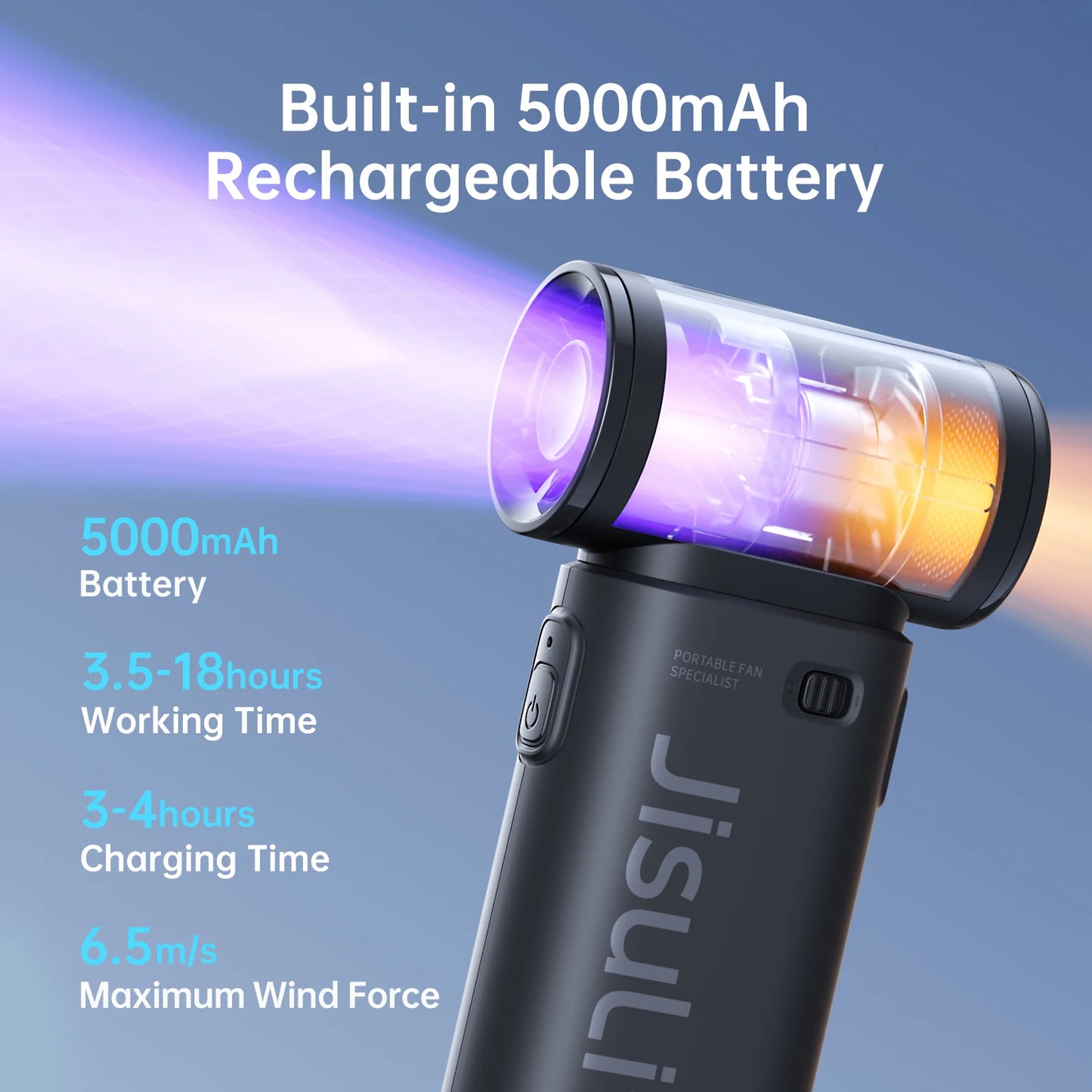 JISULIFE Handheld Turbo Fan, 5000mAh, Super Strong Wind, 5 Speeds, Long Battery Life,  USB Rechargeable, Multipurpose Pocket fan
