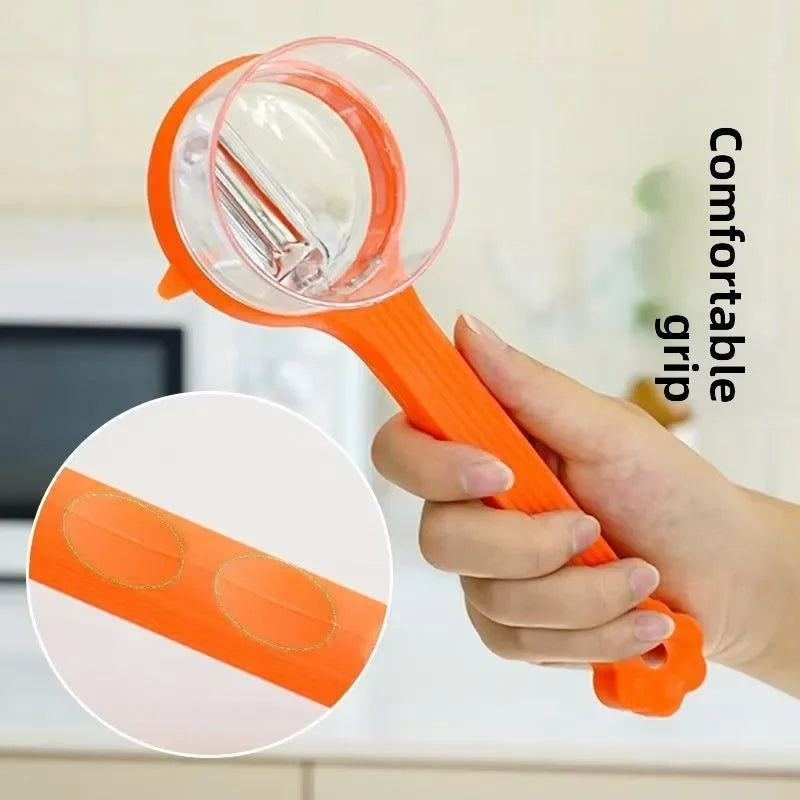 Durable stainless steel peeler for fruits and vegetables, featuring a double-sided blade and a protective storage case for safe, easy use