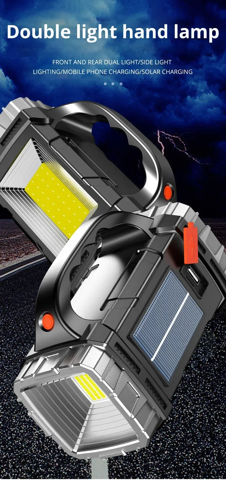 Powerful LED Flashlight USB+Solar Rechargeable Flashlight COB Outdoor Camping Torch Portable Searchlight Power Bank Outdoor