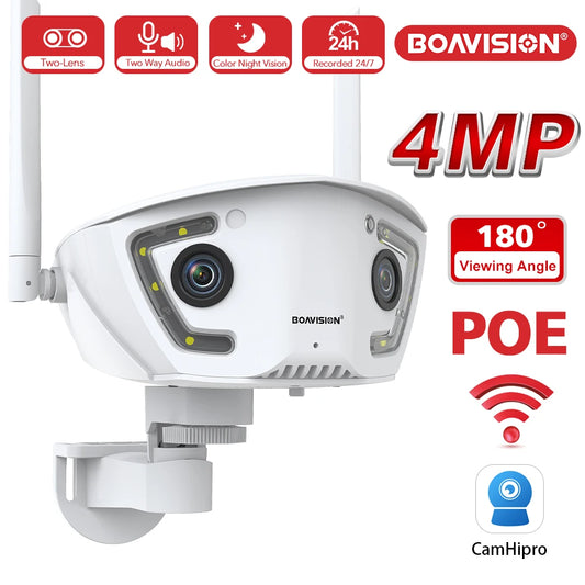 Wifi Surveillance Camera Outdoor 4MP POE Dual Lens 180° Ultra Wide Angle AI Human Detection Security Camera