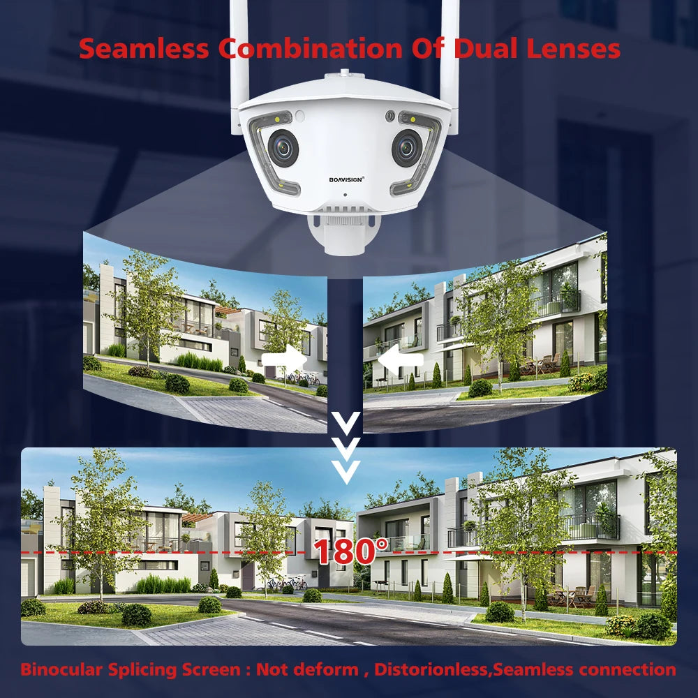Wifi Surveillance Camera Outdoor 4MP POE Dual Lens 180° Ultra Wide Angle AI Human Detection Security Camera