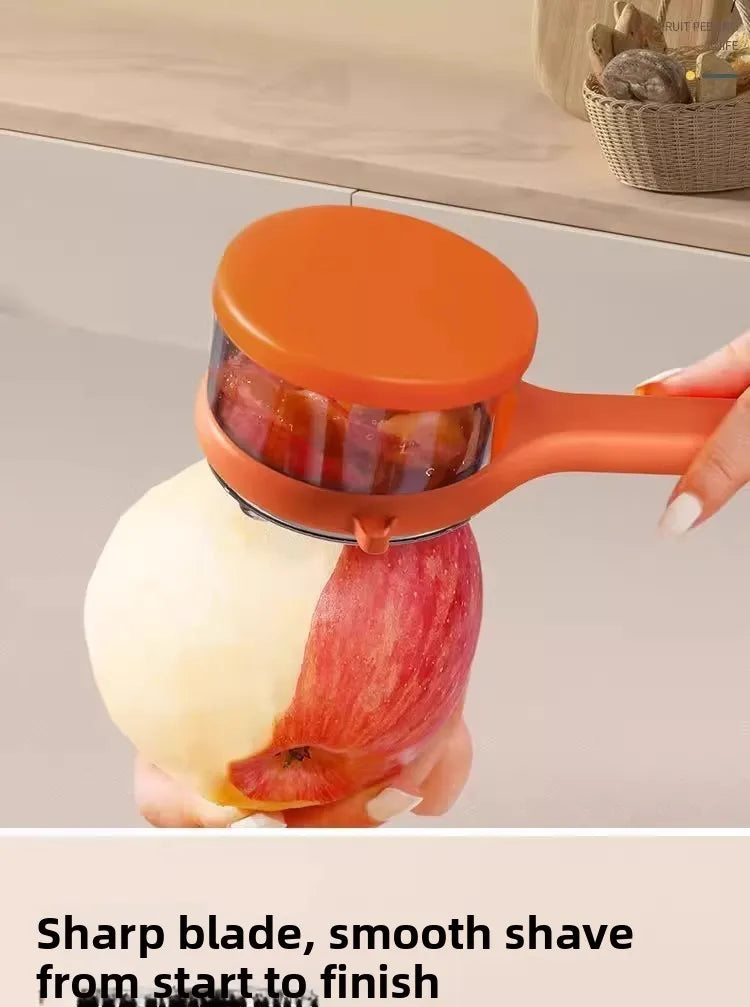 Durable stainless steel peeler for fruits and vegetables, featuring a double-sided blade and a protective storage case for safe, easy use