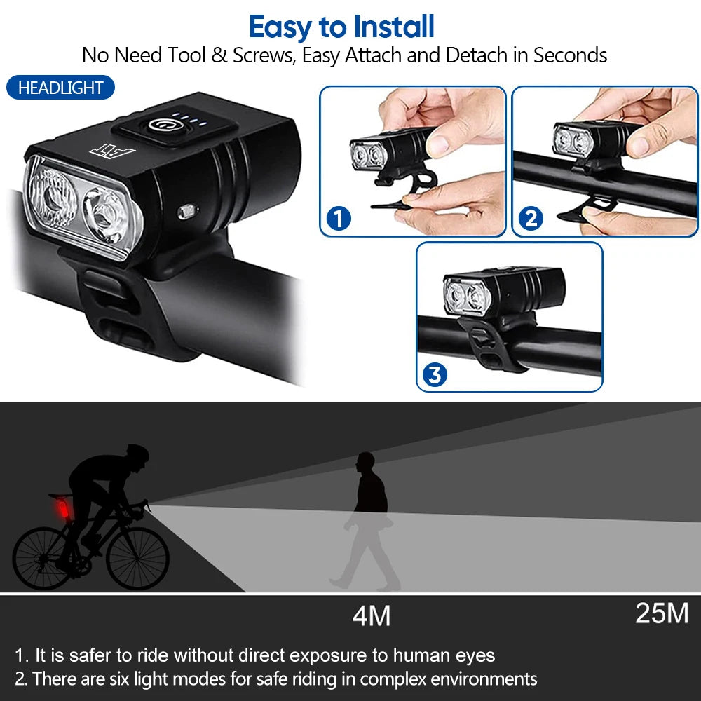 LED Bicycle Front Light Type-C Rechargeable, Bicycle Headlight, MTB Road Bike Headlamp, Easy to Install Cycling Accessories