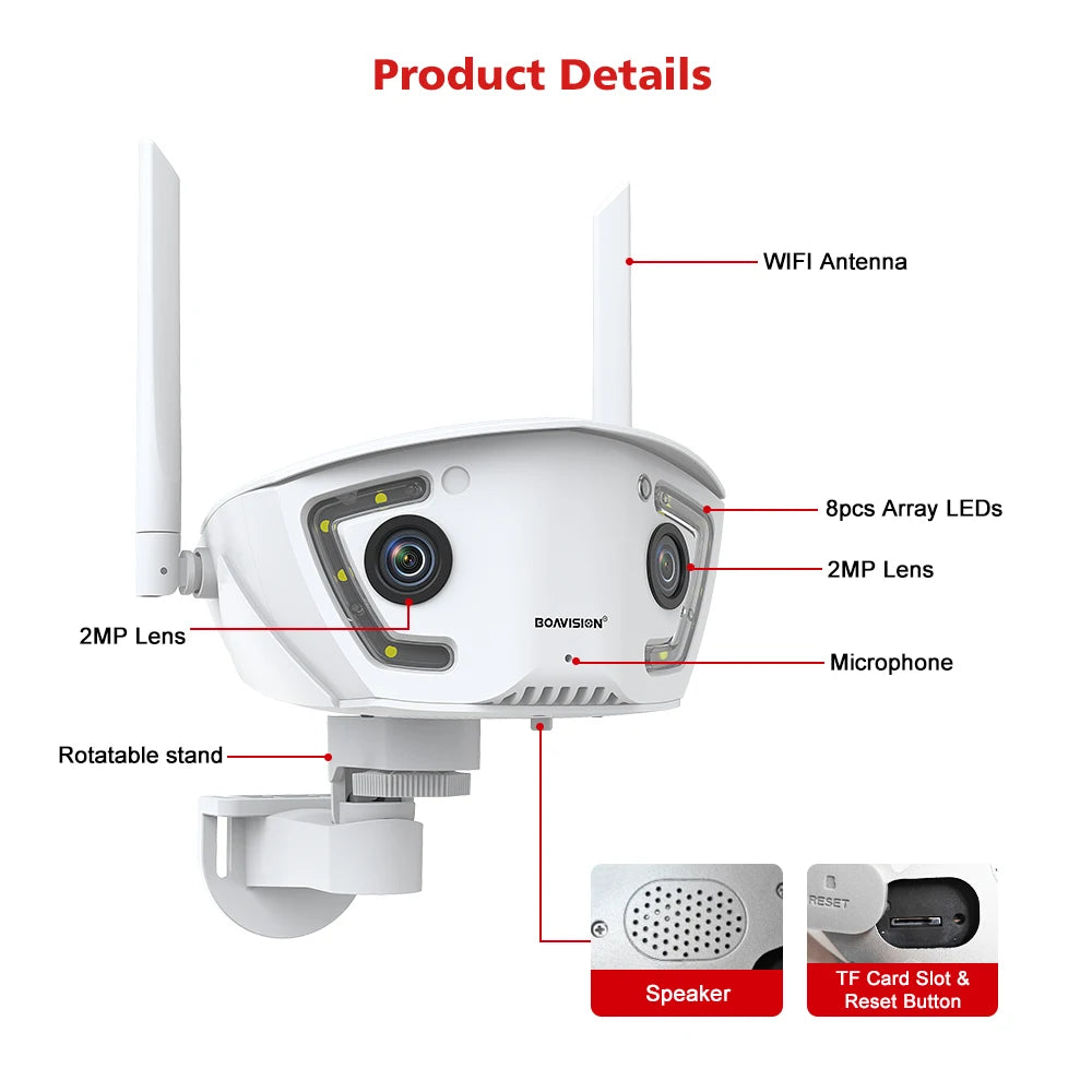 Wifi Surveillance Camera Outdoor 4MP POE Dual Lens 180° Ultra Wide Angle AI Human Detection Security Camera