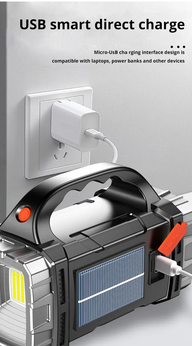 Powerful LED Flashlight USB+Solar Rechargeable Flashlight COB Outdoor Camping Torch Portable Searchlight Power Bank Outdoor