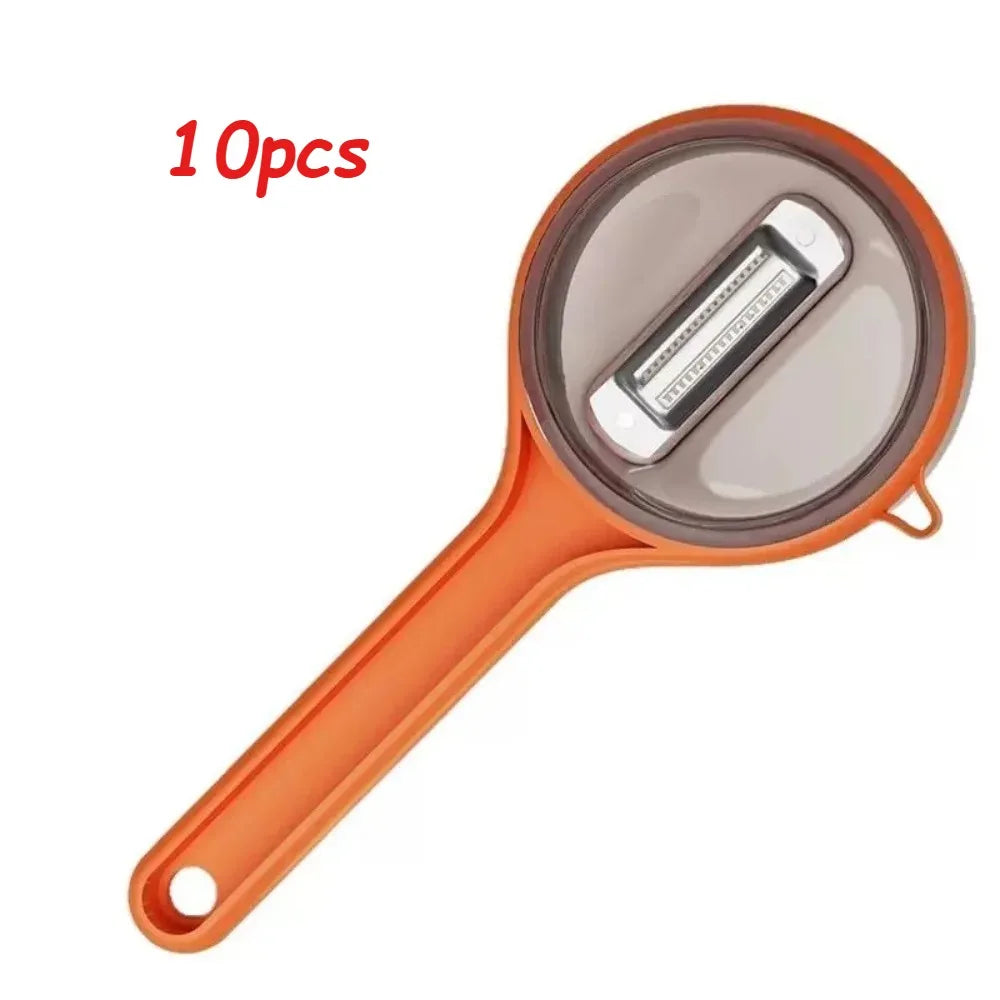 Durable stainless steel peeler for fruits and vegetables, featuring a double-sided blade and a protective storage case for safe, easy use