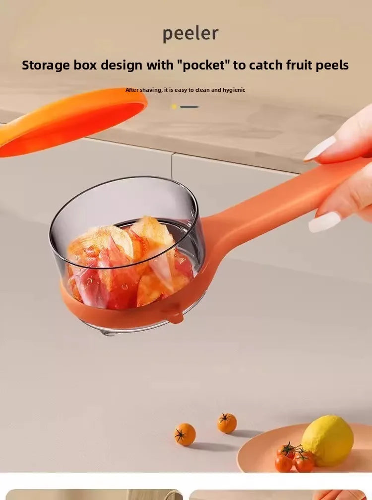 Durable stainless steel peeler for fruits and vegetables, featuring a double-sided blade and a protective storage case for safe, easy use