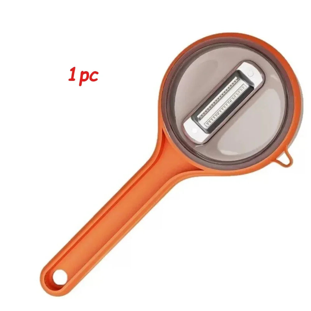 Durable stainless steel peeler for fruits and vegetables, featuring a double-sided blade and a protective storage case for safe, easy use