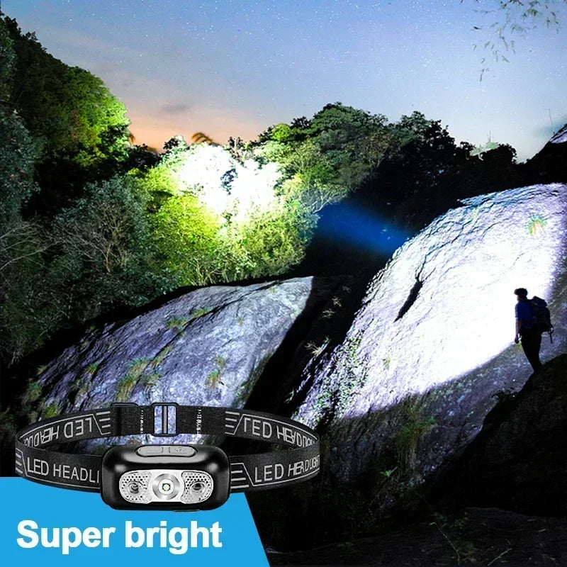 Strong Light Headlamp Portable LED Sensor Headlamp USB-C Rechargeable Head Flashlight Outdoor Camping Fishing Emergency Lantern